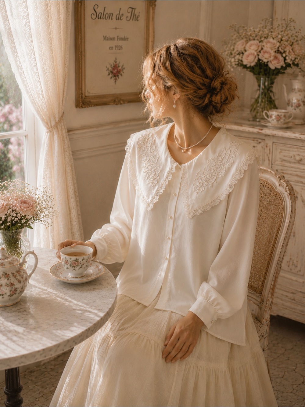 🫖✨Vintage Cream Lace Collar Blouse Size M - Picture 2 of 13